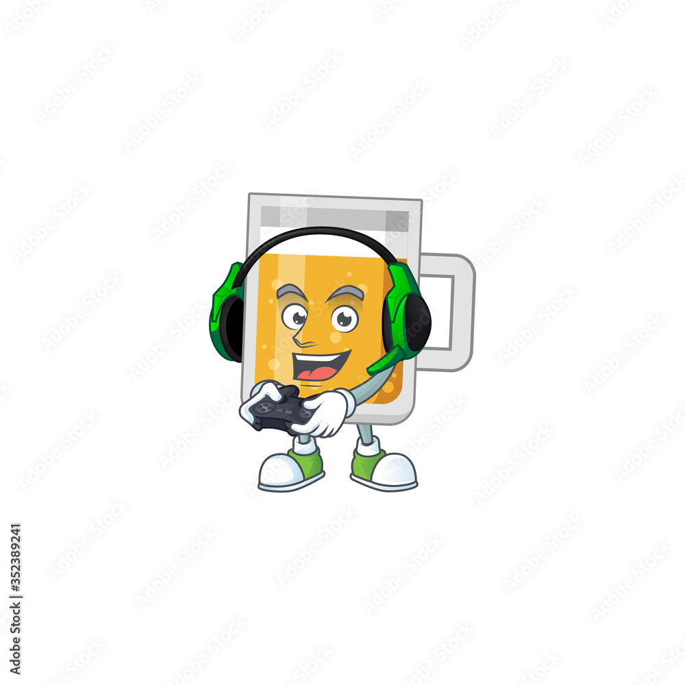 A cartoon design of glass of beer clever gamer play wearing headphone