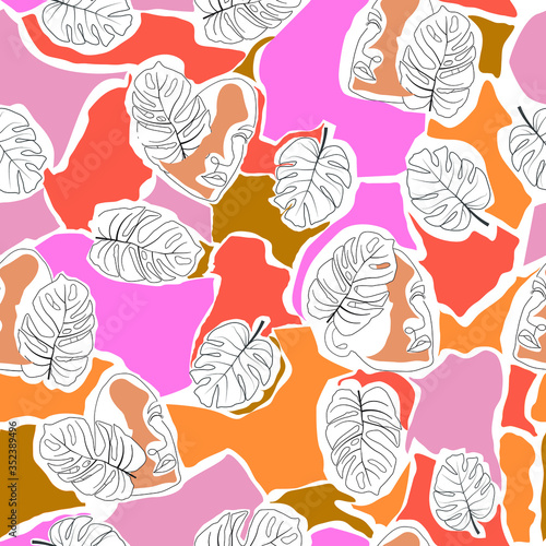 swiss cheese plant with face line art vector seamless repeat pattern