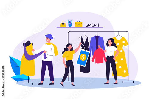 Shop sellers and assistance hanging clothes and price tags on racks. Main master designer dressing mannequin. Vector illustration for boutique, fashion house, industry, clothing design concept