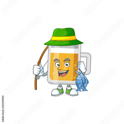 A Caricature picture of glass of beer fisher succeed catch a fish