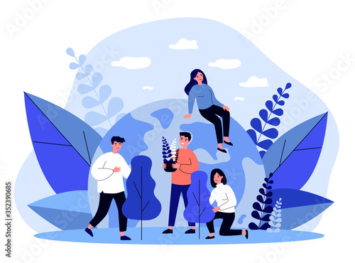 Happy volunteers planting trees. Potted plant, forest, planet care flat vector illustration. Ecology, environment, flora concept for banner, website design or landing web page
