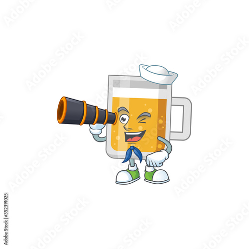 cartoon picture of glass of beer in Sailor character using a binocular
