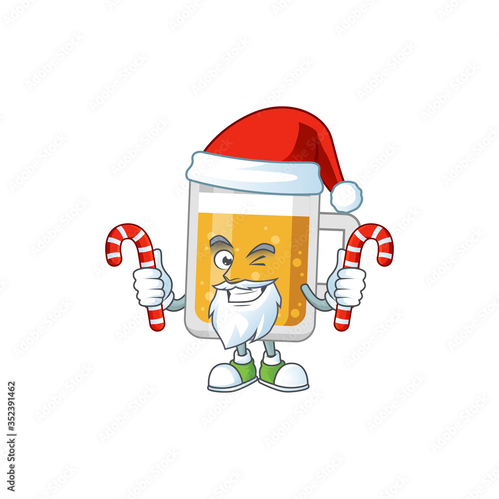 Cartoon character of glass of beer as a Santa having candies