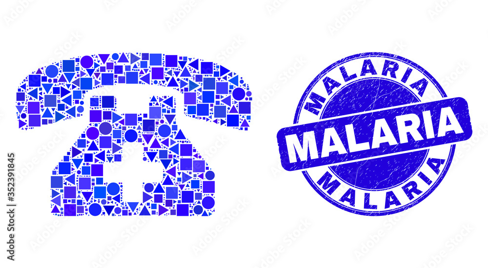 Geometric medical phone mosaic pictogram and Malaria stamp. Blue vector round scratched stamp with Malaria caption. Abstract collage of medical phone organized of round, triangles, Geometric medical phone mosaic pictogram and Malaria stamp. Blue vector round scratched stamp with Malaria caption. Abstract collage of medical phone organized of round, triangles,
