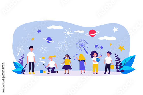 Multiethnic group of children drawing with crayons, paintbrushes, paints. Happy kids painting on wall. Vector illustration for childhood, imagination, leisure concept