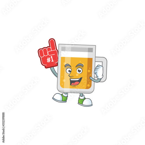 Glass of beer Cartoon character design style with a red foam finger