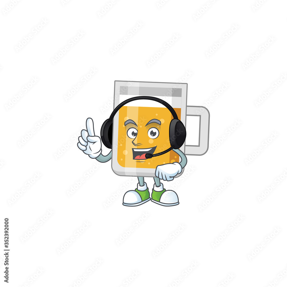 Glass of beer cartoon character style speaking with friends on headphone