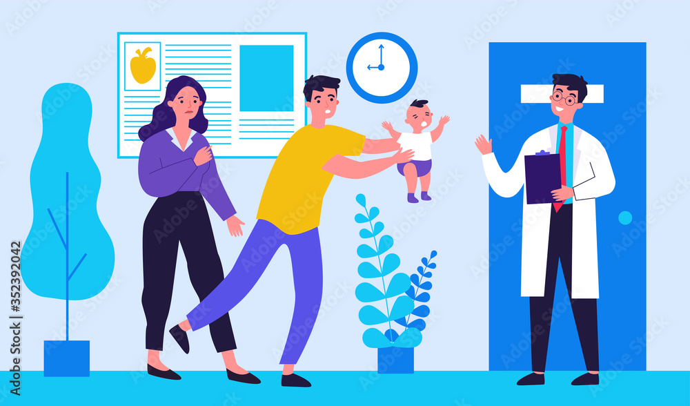 Parents going to doctor with their child. Physician greeting patient and baby crying flat vector illustration. Healthcare and hospital concept for banner, website design or landing web page