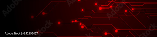 Abstract neon red tech circuit board lines sci-fi banner design. Futuristic computer chip background. Vector glowing illustration