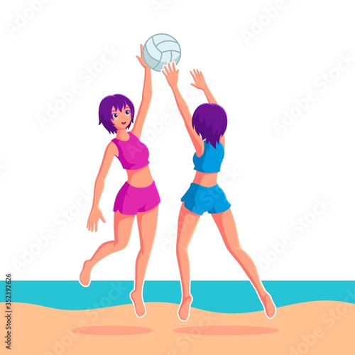 Girls Playing Volleyball in Beach Vector Illustration