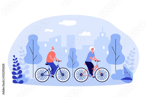 Active retirement, recreation outdoors old age concept. Happy senior family couple cycling in park. Grey haired man and woman riding bikes. Flat vector illustration