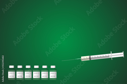 Covid-19 vaccine 6 doses with label on tube with syringe 3D vector illustration