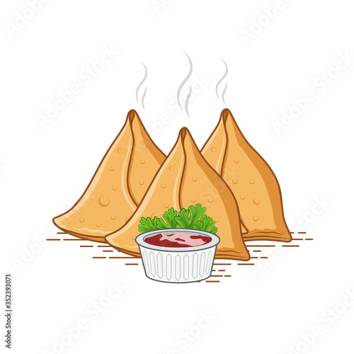 Set of three samosa vector illustration with red sauce