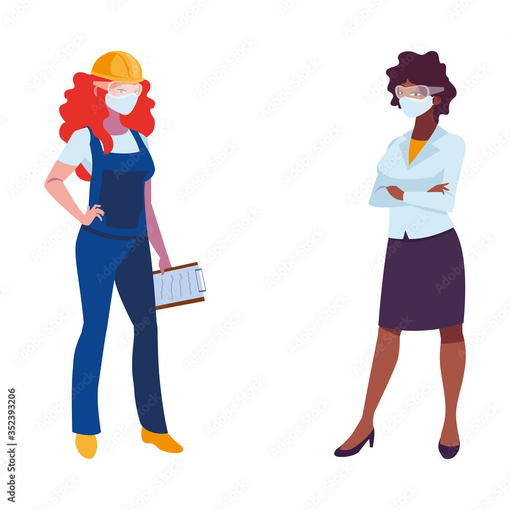 industrial women workers with face masks industrial women workers with face masks