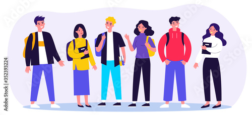 Cheerful college students with books and backpacks standing together. Teen girls and guys meeting and talking. Vector illustration for communication, studying, school friends, youth, teenagers concept