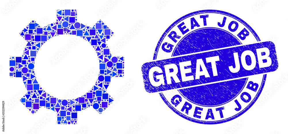Geometric gear mosaic pictogram and Great Job seal stamp. Blue vector rounded textured seal stamp with Great Job message. Abstract collage of gear combined of round, triangles,