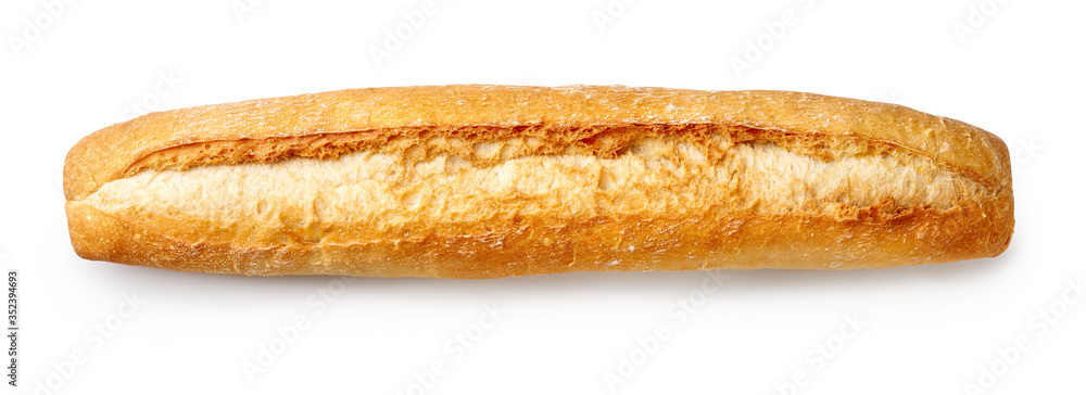 Baked baguette isolated on white background. Top view of bread. Baked baguette isolated on white background. Top view of bread.