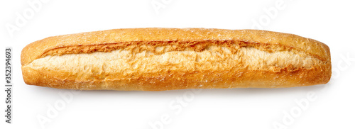 Baked baguette isolated on white background. Top view of bread.