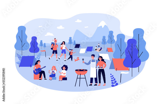 Outdoor summer festival, vacation recreation concept. Tourists family with kids enjoying camping with tents, barbecue, picnic and hiking. Flat vector illustration