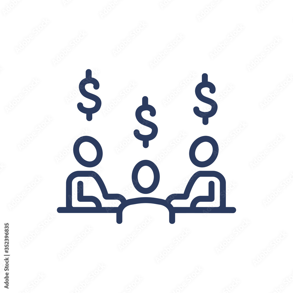 Managers discussing profit thin line icon. Success, office, finance isolated outline sign. Business communication concept. Vector illustration symbol element for web design and apps Managers discussing profit thin line icon. Success, office, finance isolated outline sign. Business communication concept. Vector illustration symbol element for web design and apps