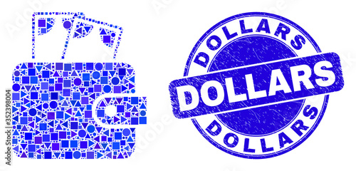 Geometric cash purse mosaic pictogram and Dollars stamp. Blue vector round scratched stamp with Dollars title. Abstract mosaic of cash purse constructed of round, tringle, square geometric spots.
