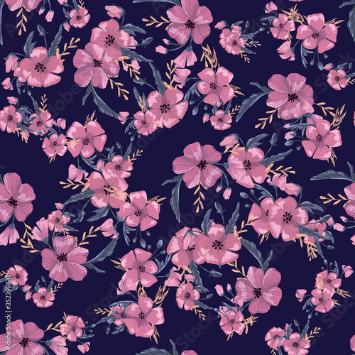 Fashionable cute pattern in native popies  flowerson darck background. Flower seamless surface design for textiles, fabrics, covers, wallpapers, print, gift wrapping or any purpose
