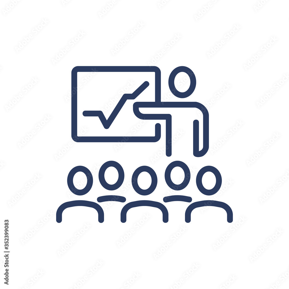 Financial coach showing graphic thin line icon. Staff, training, employee isolated outline sign. Business communication concept. Vector illustration symbol element for web design and apps Financial coach showing graphic thin line icon. Staff, training, employee isolated outline sign. Business communication concept. Vector illustration symbol element for web design and apps