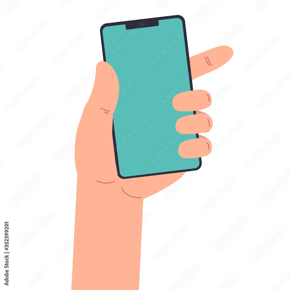 Illustration of human hand with smartphone in flat style. Des Design element for infographic, emblem, sign, poster, car, banner. Vector illustration