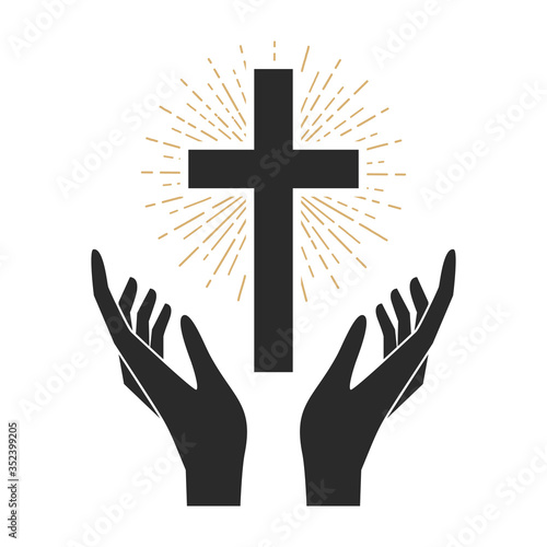 Hands with shining holy cross. Design element for logo, label, emblem, sign, badge. Vector illustration