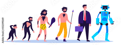 Human evolution theory flat vector illustration. Way from monkey to cyborg or robot. Cavemen as ancestors. Anthropology, reality and history concept.