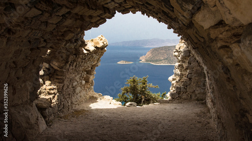 View of the sea and mountains from an ancient structure