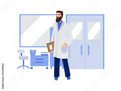 Medical staff in hospital ward. Professional doctor cartoon character. Vector illustration man physician in uniform.