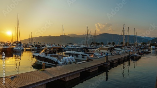 Yacht parking at sunset on a summer evening