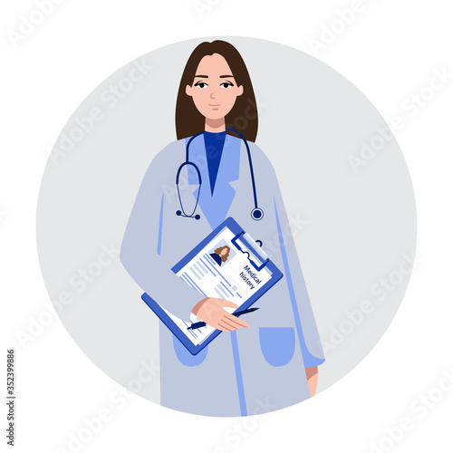 Patient's medical history. Hands of doctor hold medical notepad. Consultation. Medical assistance. Vector illustration.