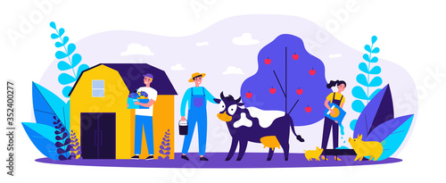Farm workers caring animals and vegetable garden flat vector illustration. People feeding pigs and cow, growing natural food at countryside. Agriculture and farming concept.