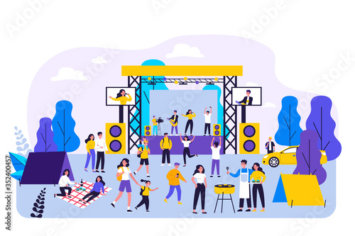 Outdoor rock concert and food festival. Crowd of people listening to music in park, enjoying camping, picnic and barbecue. Vector illustration for open air party, leisure, event concept
