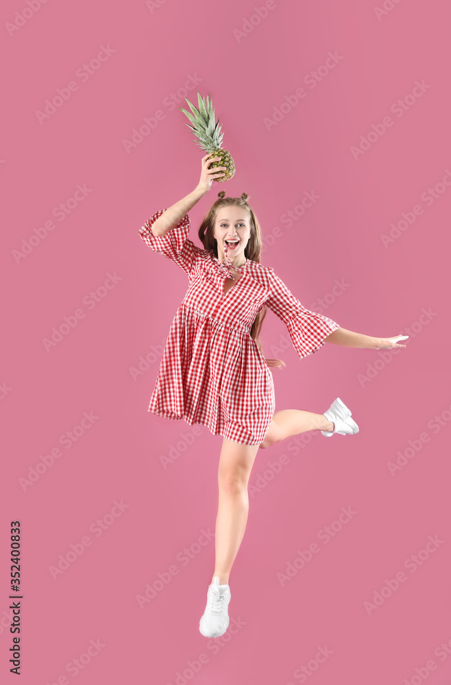 Young woman with pineapple on color background. Diet concept Young woman with pineapple on color background. Diet concept