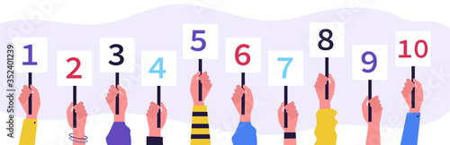 Jury showing cards with amount of scores. Collection of scorecards in human hands, competition judges giving evaluation. Vector illustration for contest, feedback, game, vote concept