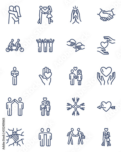 Friendship line icon set. Men and women in love, volunteers community, family couples. Vector icons can be used for social care, charity, relationships, cooperation concept