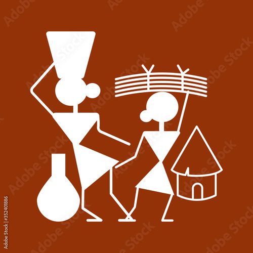 Rural Indian village women working. Flat style. Warli painting.