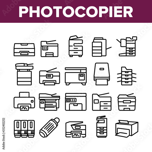 Photocopier Device Collection Icons Set Vector. Professional Photocopier And Scanner Equipment And Ink, Electronic Multifunctional Printer Concept Linear Pictograms. Monochrome Contour Illustrations