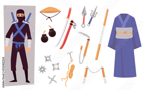 Ninja character with weapon and clothing cartoon vector illustration isolated.
