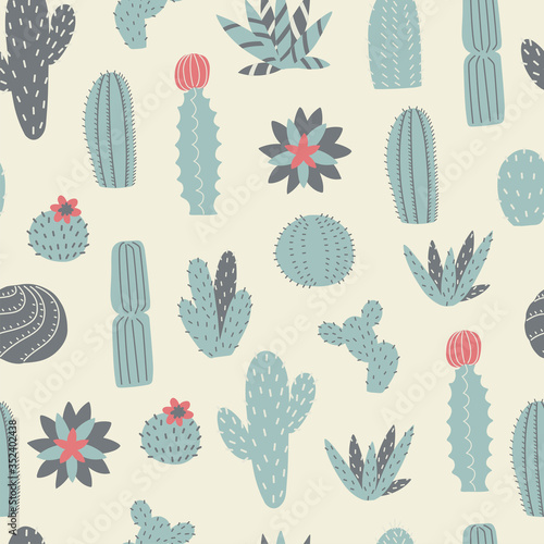 Seamless pattern of hand drawn cactus and succulents on the white background.