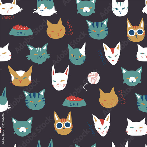 Cute seamless pattern with cats in doodle style. Hand drawn vector illustration.