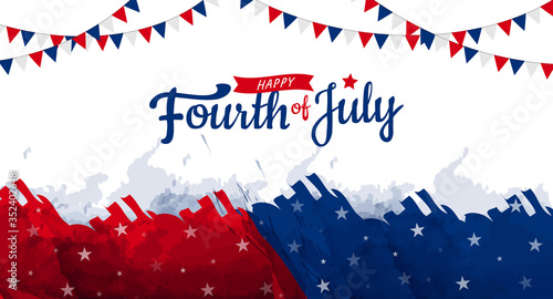 Happy Fourth of July greeting banner with colorful red & blue watercolor brush along with stars and garlands in the background. Vector illustration.