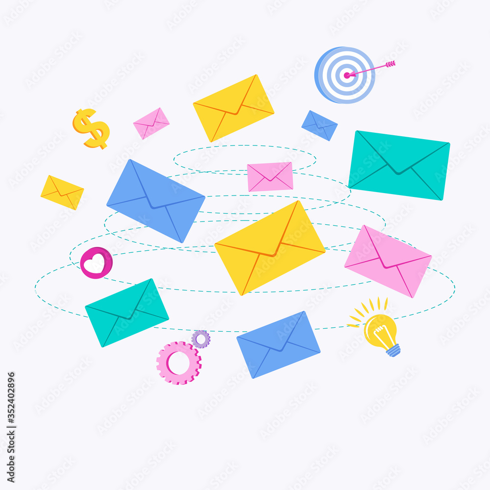 Flying color envelope with letter. Email and mailing list. Flying color envelope with letter. Email and mailing list.