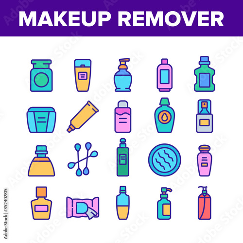 Makeup Remover Lotion Collection Icons Set Vector. Cosmetic Makeup Remover Cotton And Stick, Tube And Container, Spray And Bottle Concept Linear Pictograms. Color Illustrations