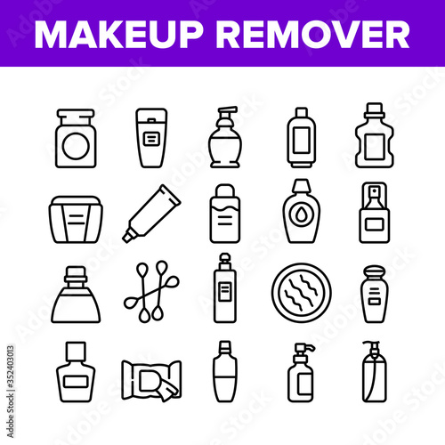 Makeup Remover Lotion Collection Icons Set Vector. Cosmetic Makeup Remover Cotton And Stick, Tube And Container, Spray And Bottle Concept Linear Pictograms. Monochrome Contour Illustrations