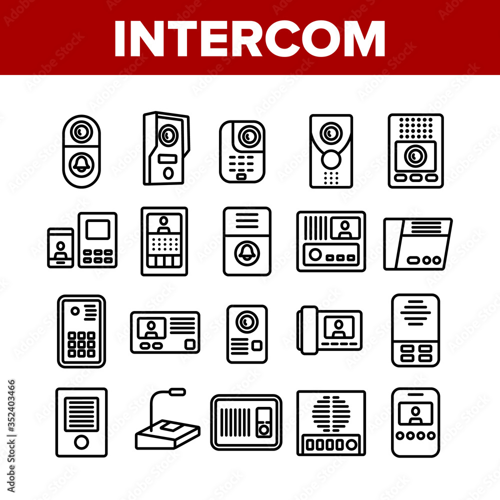 Intercom Communication Collection Icons Set Vector. Intercom Electronic Protection Device For Communicate, Microphone And Door Bell Concept Linear Pictograms. Monochrome Contour Illustrations