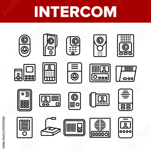 Intercom Communication Collection Icons Set Vector. Intercom Electronic Protection Device For Communicate, Microphone And Door Bell Concept Linear Pictograms. Monochrome Contour Illustrations